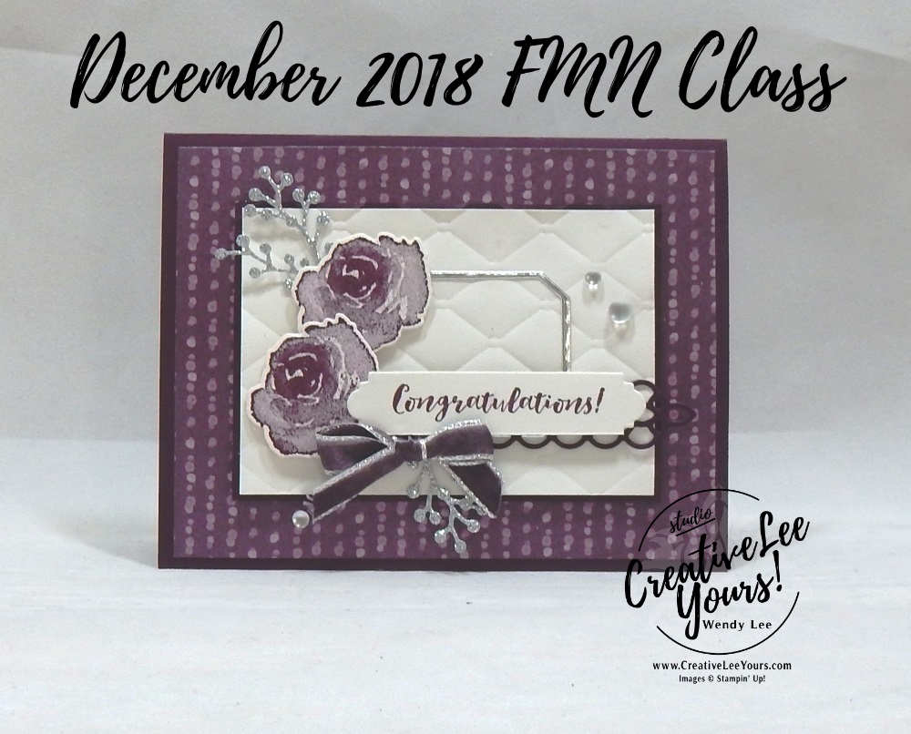 Frosted Congratulations by Wendy Lee, Tutorial, card club, stampin Up, SU, #creativeleeyours, hand made card, thankful, gratitude, congratulations, wedding, anniversary, stamping, creatively yours, creative-lee yours, first frost stamp set, frosted bouquet, DIY, FMN, forget me knot, December 2018, flowers, purple, silver