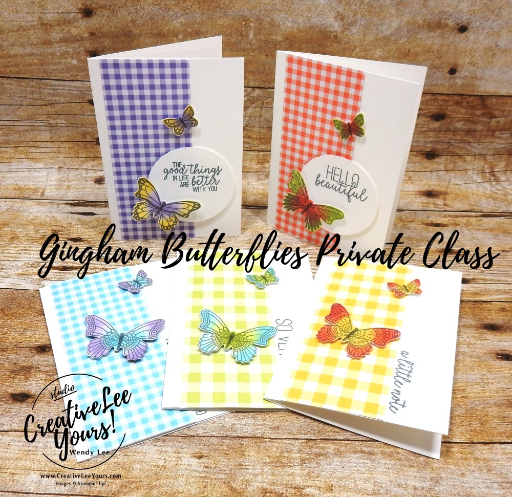 Gingham Butterfly Notecard Set by wendy lee, Stampin Up, stamping, handmade card, friend, thank you, birthday, #creativeleeyours, creatively yours, creative-lee yours, SU, SU cards, rubber stamps, DIY, cling stamps, #simplestamping, butterfly gala, butterfly punch, fast & easy, sponging, private class