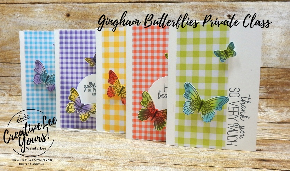 Gingham Butterfly Notecard Set by wendy lee, Stampin Up, stamping, handmade card, friend, thank you, birthday, #creativeleeyours, creatively yours, creative-lee yours, SU, SU cards, rubber stamps, DIY, cling stamps, #simplestamping, butterfly gala, butterfly punch, fast & easy, sponging, private class