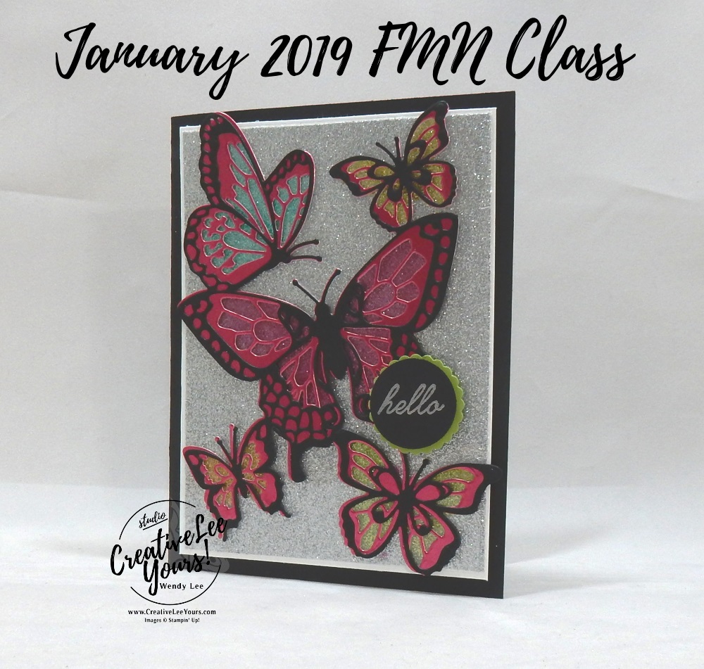 Glitter Stained Glass by Wendy Lee, Tutorial, card club, stampin Up, SU, #creativeleeyours, hand made card, technique, friend, birthday, stamping, creatively yours, creative-lee yours, beauty abounds stamp set, butterfly beauty framelits, DIY, FMN, forget me knot, January 2019, class, blends, card club