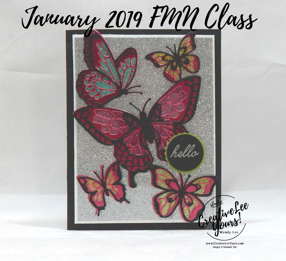 Glitter Stained Glass by Wendy Lee, Tutorial, card club, stampin Up, SU, #creativeleeyours, hand made card, technique, friend, birthday, stamping, creatively yours, creative-lee yours, beauty abounds stamp set, butterfly beauty framelits, DIY, FMN, forget me knot, January 2019, class, blends, card club