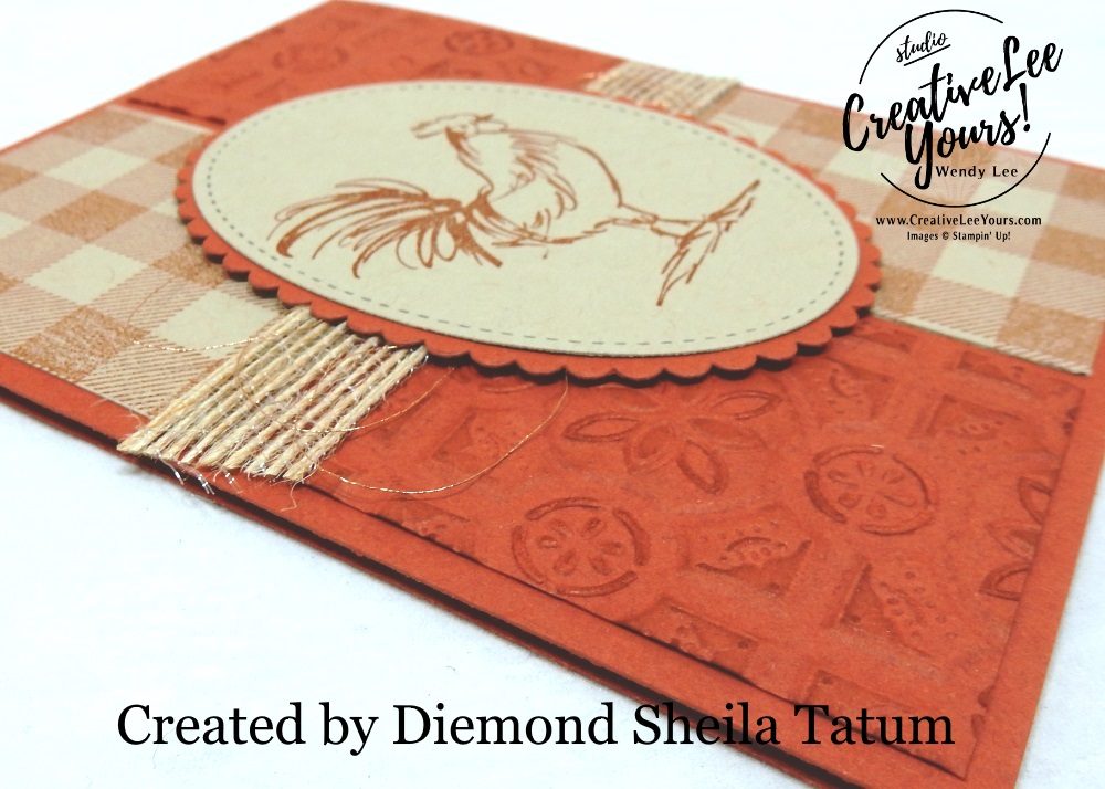 Tin Tile Rooster by Sheila Tatum, wendy lee, Stampin Up, stamping, handmade card, friend, thank you, birthday, thinking of you, #creativeleeyours, creatively yours, creative-lee yours, SU, SU cards, rubber stamps, demonstrator, business, DIY, cling stamps, home to roost stamp set, fast & easy,  diemonds team swap, #simplestamping, rooster, farm animals, buffalo check, masculine