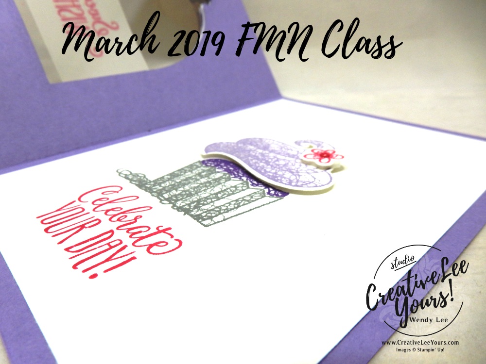 Peek-a-boo Cupcake by Wendy Lee, Tutorial, card club, stampin Up, SU, #creativeleeyours, hand made card, friend, fun fold, stamping, creatively yours, creative-lee yours, hello cupcake stamp set, call me cupcake framelits, SAB, DIY, FMN, forget me knot, March 2019, class, Sale-a-bration, treats, window