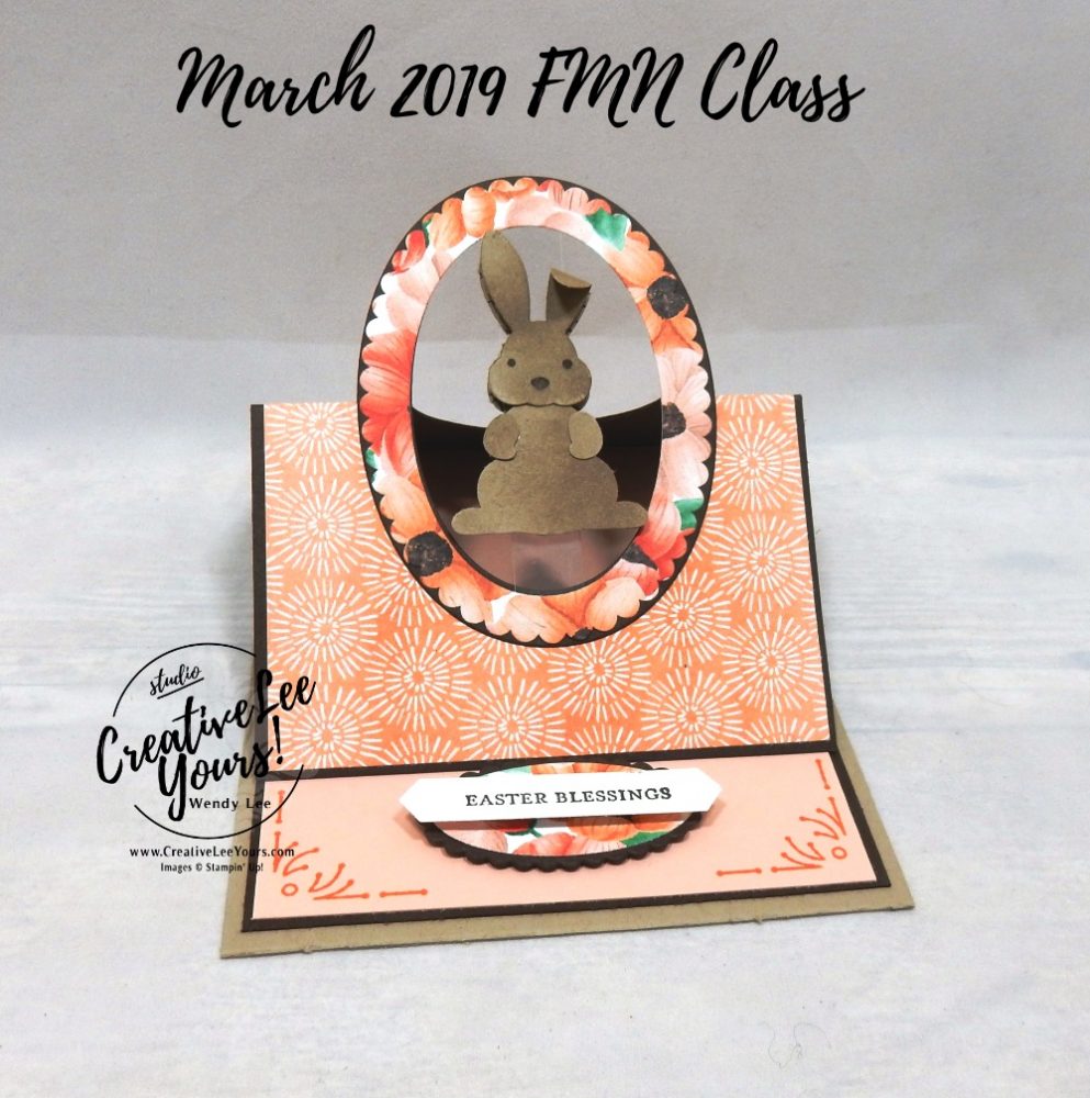 Floating Easel Bunny by Wendy Lee, Tutorial, card club, stampin Up, SU, #creativeleeyours, hand made card, friend, fun fold, stamping, creatively yours, creative-lee yours, foxy friends stamp set, itty bitty greetings stamp set, SAB, DIY, FMN, forget me knot, March 2019, class, Sale-a-bration, bunny builder punch, painted seasons