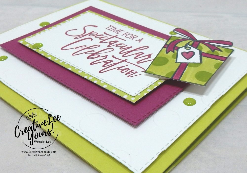 Spectacular Celebration by wendy lee, Stampin Up, stamping, handmade card, friend, celebrate, graduation, birthday, wedding, #creativeleeyours, creatively yours, creative-lee yours, SU, SU cards, rubber stamps, paper crafting, all occasions, DIY,  birthday cheer stamp set,  presents, pattern paper