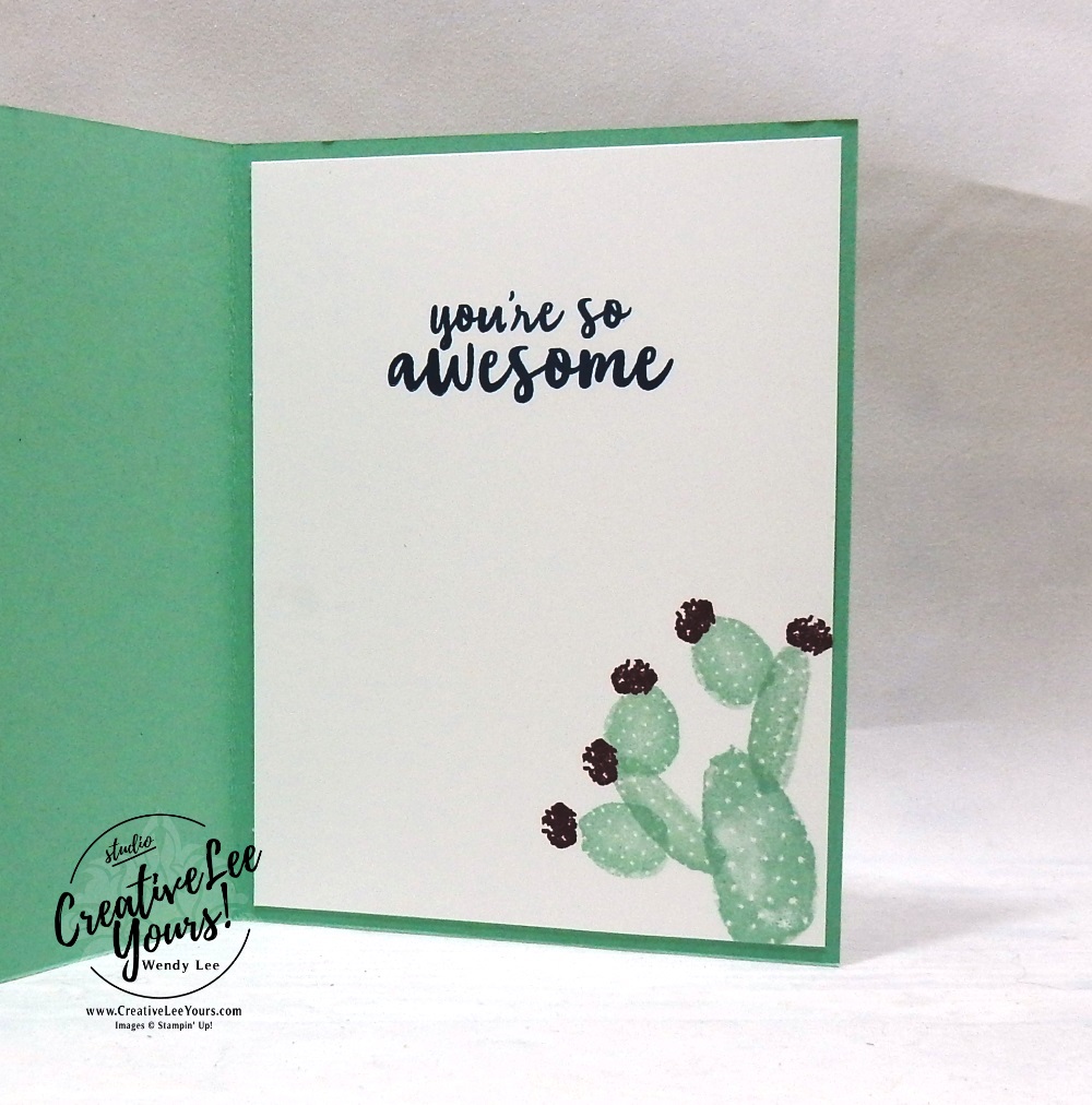Flowering Desert Card Class , You're Awesome by wendy lee, Stampin Up, #creativeleeyours, wendy lee, creatively yours, creative-lee yours, stamping, paper crafting, handmade, fast & easy all occasion cards, class, friend, flowering desert stamp set, faux suede technique, pattern paper, #loveitchopit, international highlights, kylie bertucci, card contest, cactus, encouragement, friend, awesome, winners hop, one sheet wonder
