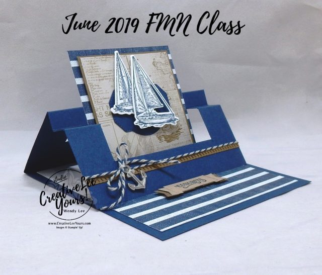 Congrats Swing Easel by Wendy Lee, sneak peek, Tutorial, card club, stampin Up, SU, #creativeleeyours, hand made card, technique, friend, birthday, hello, cake, celebration, party, stamping, creatively yours, creative-lee yours, sailing home stamp set, fun fold, smooth sailing dies, DIY, FMN, forget me knot, June 2019, class, card club, nautical, masculine, journey, maritime