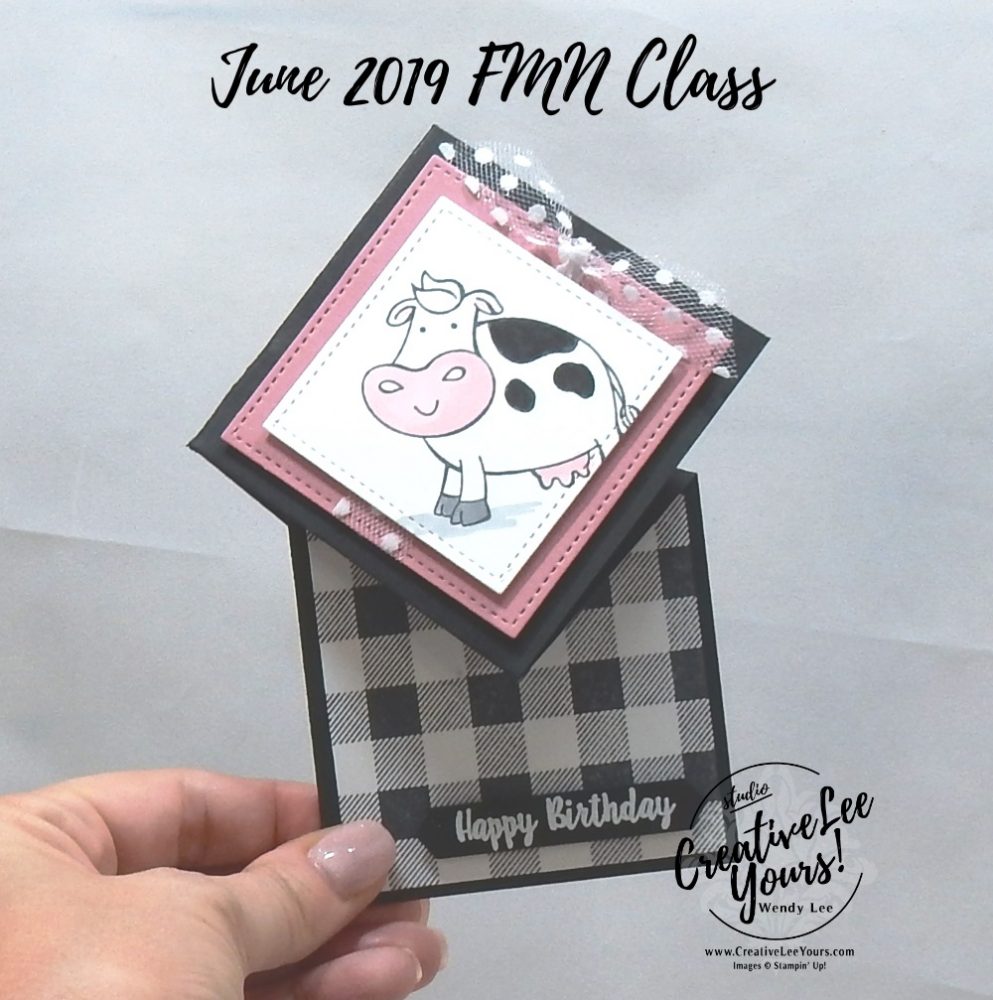 Diamond Top Fold by Wendy Lee, sneak peek, Tutorial, card club, stampin Up, SU, #creativeleeyours, over the moon stamp set, hand made card, technique, friend, birthday, hello, thanks, celebration, stamping, creatively yours, creative-lee yours, piece of cake stamp set, dies, DIY, FMN, forget me knot, June 2019, class, card club, technique, cows, farm animals, buffalo check, fun fold