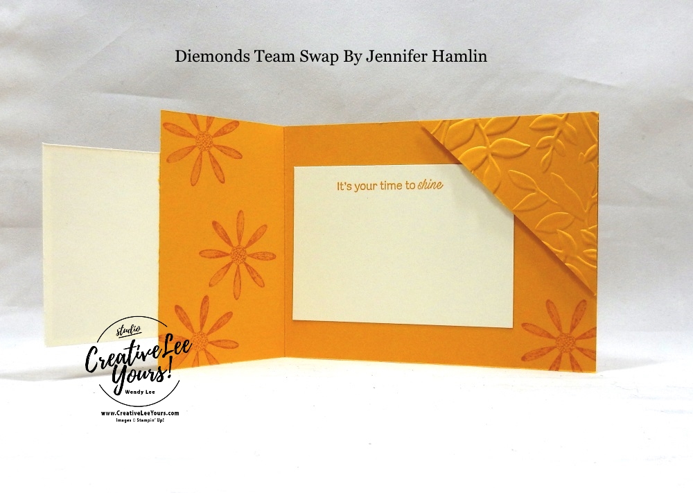 Smile by Jennifer Hamlin, wendy lee, Stampin Up, #creativeleeyours, creatively yours, creative-lee yours, stamping, paper crafting, handmade, all occasion cards, class, friend, daisy lane stamp set, diemonds team swap,  encouragement, embossing, flowers, corner pocket, fun fold