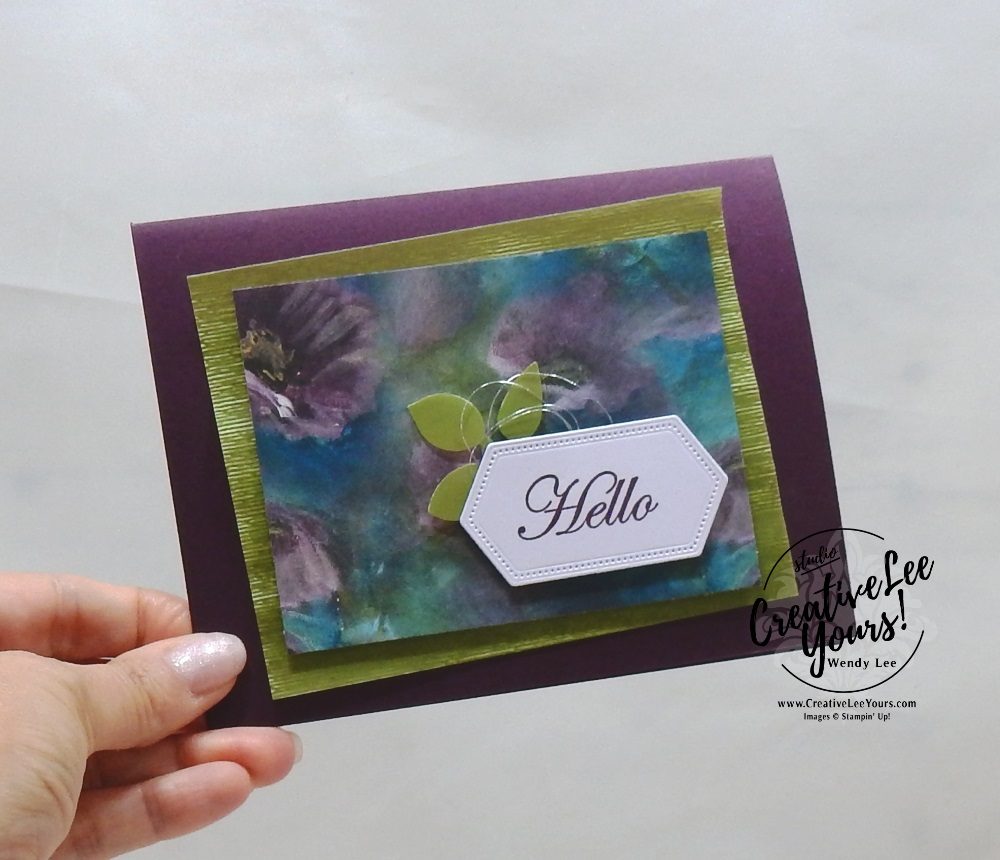 Hello by wendy lee, Stampin Up, #creativeleeyours, creatively yours, creative-lee yours, stamping, paper crafting, handmade, all occasion cards, class, friend, good morning magnolia stamp set, international highlights, kylie bertucci, card contest, encouragement, embossing, flowers, nested labels dies, DSP, patternpaper, watercoloring, perennial essence, leaf punch, winner hop