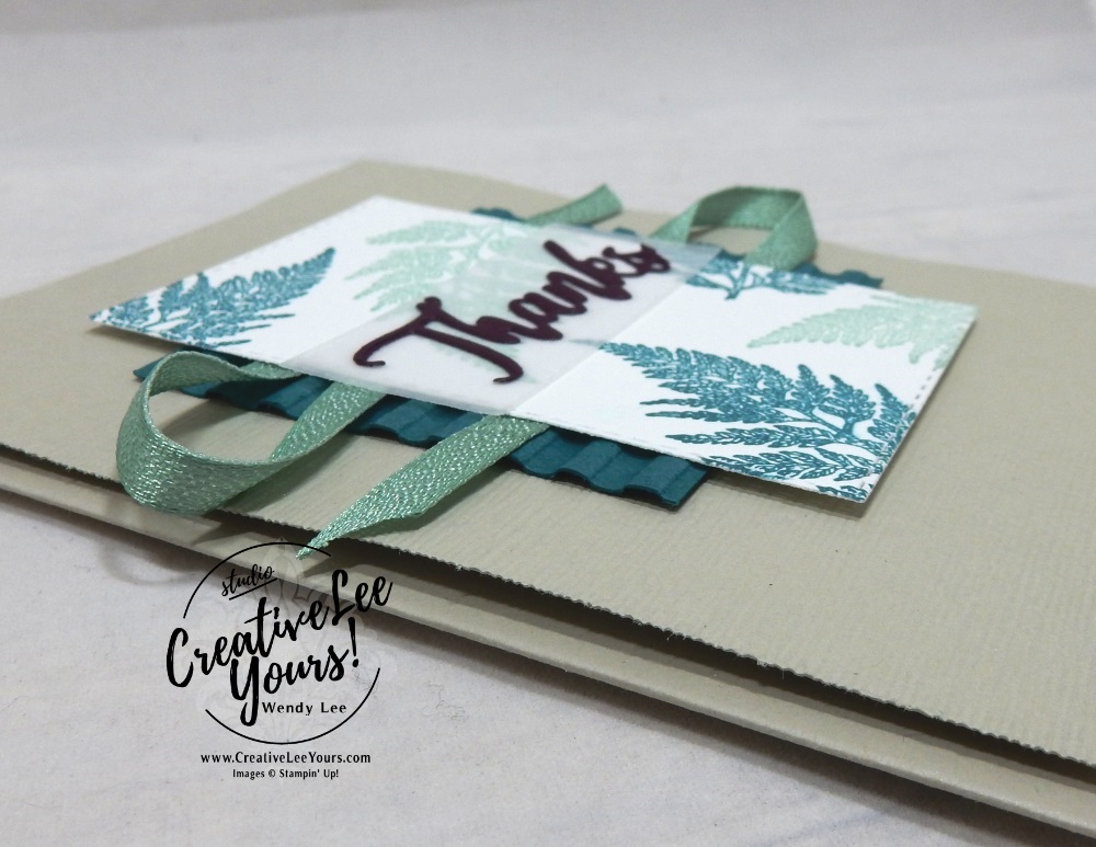Thanks Fern by wendy lee, Stampin Up, #creativeleeyours, creatively yours, creative-lee yours, stamping, paper crafting, handmade, all occasion cards, class, friend, daisy lane stamp set, international highlights, kylie bertucci, card contest, encouragement, embossing, flowers, stitched labels dies, make your own designer paper, printable tutorial