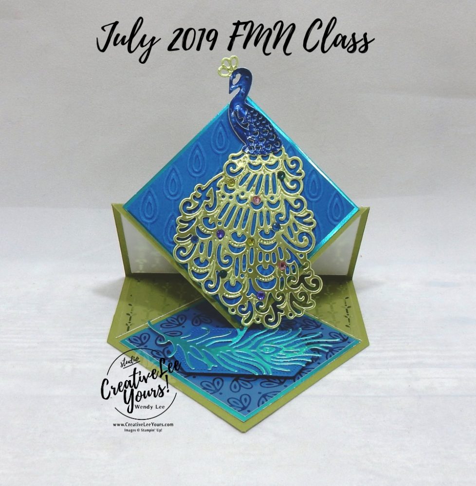 Diamond Easel Peacock by Wendy Lee,Tutorial, card club, stampin Up, SU, #creativeleeyours, hand made card, technique, friend, birthday, hello, thanks, flowers, celebration, birthday, birds, peacock, stamping, creatively yours, creative-lee yours, royal peacock stamp set, detailed peacock dies, fun fold, diamond easel, DIY, FMN, forget me knot, July 2019, class, card club, technique, foil, jewels
