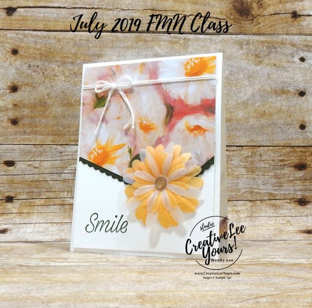 Embossed Daisy by Wendy Lee, Tutorial, card club, stampin Up, SU, #creativeleeyours, hand made card, technique, daisies, friend, birthday, hello, thanks, flowers, celebration, birthday, stamping, creatively yours, creative-lee yours, Daisy Lane stamp set, daisy punch, angle cut, DIY, FMN, forget me knot, July 2019, class, card club, technique, embossing, DSP, Pattern paper