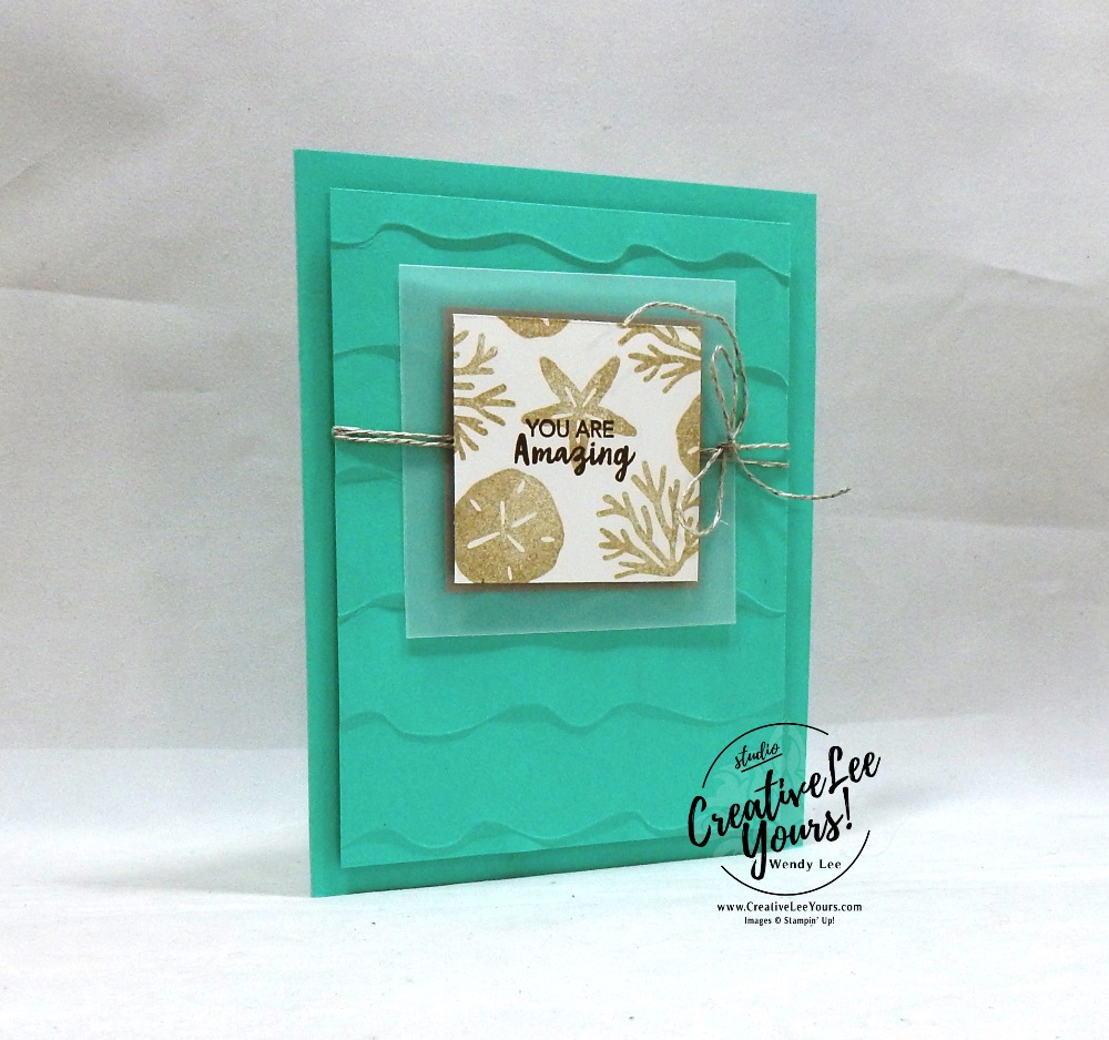 Beach Waves by wendy lee, June 2019 A Little Smile Paper Pumpkin Kit, stampin up, handmade cards, rubber stamps, stamping, kit, subscription, #creativeleeyours, creatively yours, creative-lee yours, birthday, celebration, graduation, anniversary, smile, thank you, amazing, alternate, bonus tutorial, fast & easy, DIY, #simplestamping, palm trees, beach, starfish, sand dollar, card kit, masculine, FMN BONUS