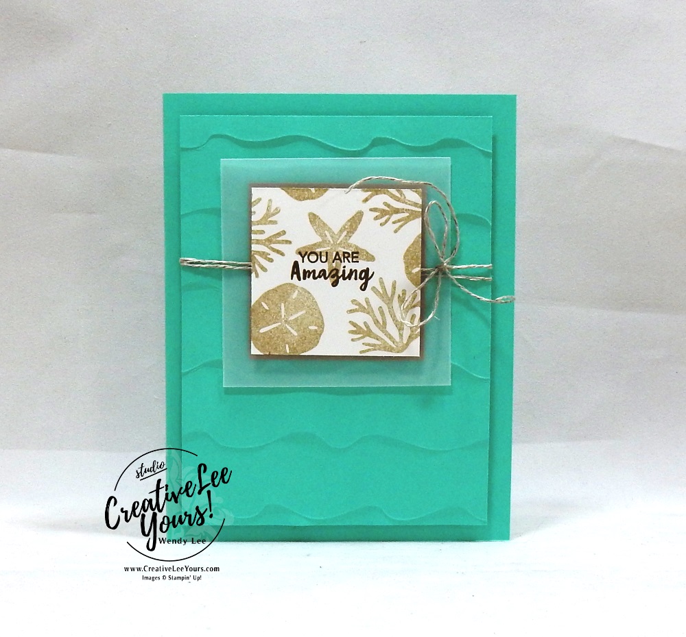 Beach Waves by wendy lee, June 2019 A Little Smile Paper Pumpkin Kit, stampin up, handmade cards, rubber stamps, stamping, kit, subscription, #creativeleeyours, creatively yours, creative-lee yours, birthday, celebration, graduation, anniversary, smile, thank you, amazing, alternate, bonus tutorial, fast & easy, DIY, #simplestamping, palm trees, beach, starfish, sand dollar, card kit, masculine, FMN BONUS