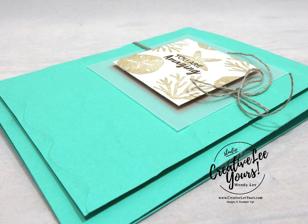 Beach Waves by wendy lee, June 2019 A Little Smile Paper Pumpkin Kit, stampin up, handmade cards, rubber stamps, stamping, kit, subscription, #creativeleeyours, creatively yours, creative-lee yours, birthday, celebration, graduation, anniversary, smile, thank you, amazing, alternate, bonus tutorial, fast & easy, DIY, #simplestamping, palm trees, beach, starfish, sand dollar, card kit, masculine, FMN BONUS