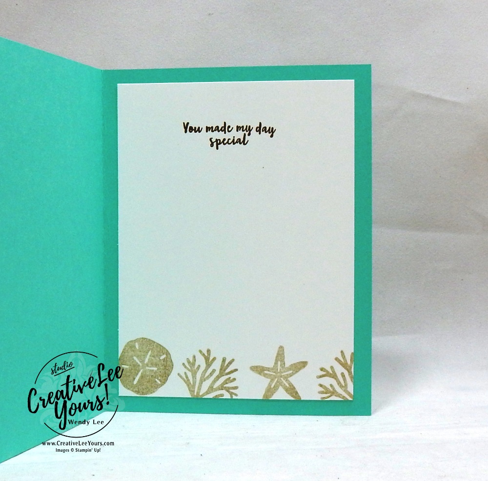 Beach Waves by wendy lee, June 2019 A Little Smile Paper Pumpkin Kit, stampin up, handmade cards, rubber stamps, stamping, kit, subscription, #creativeleeyours, creatively yours, creative-lee yours, birthday, celebration, graduation, anniversary, smile, thank you, amazing, alternate, bonus tutorial, fast & easy, DIY, #simplestamping, palm trees, beach, starfish, sand dollar, card kit, masculine, FMN BONUS