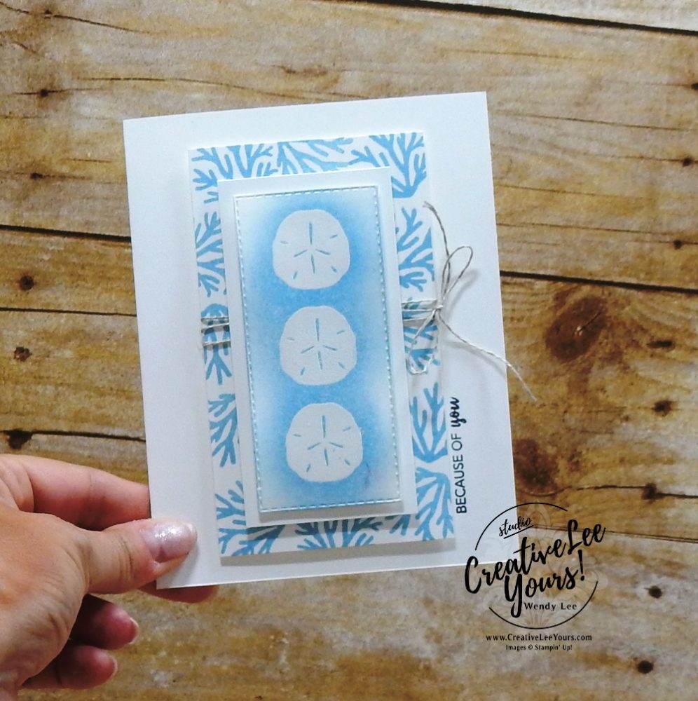 Because Of You by wendy lee, June 2019 A Little Smile Paper Pumpkin Kit, stampin up, handmade cards, rubber stamps, stamping, kit, subscription, #creativeleeyours, creatively yours, creative-lee yours, birthday, celebration, graduation, anniversary, smile, thank you, amazing, alternate, bonus tutorial, fast & easy, DIY, #simplestamping, palm trees, beach, starfish, sand dollar, card kit, masculine