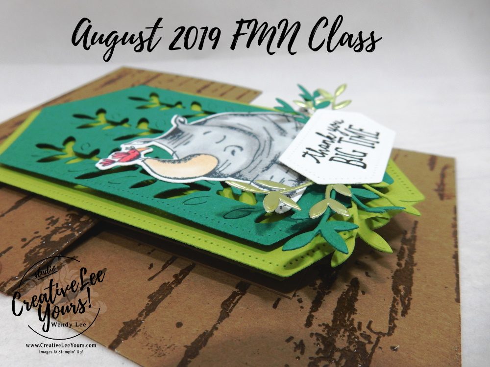 Vertical Double Z-Fold by Wendy Lee, Tutorial, card club, stampin Up, SU, #creativeleeyours, creatively yours, creative-lee yours, hand made card, technique, fun fold, friend, birthday, hello, thanks, thinking of you, stamping, Animal Outing stamp set, Birch stamp set, embossing, #DIY, #papercrafting, FMN, forget me knot, august 2019, class, card club, rubber stamp, giraffee, rhino, masculine
