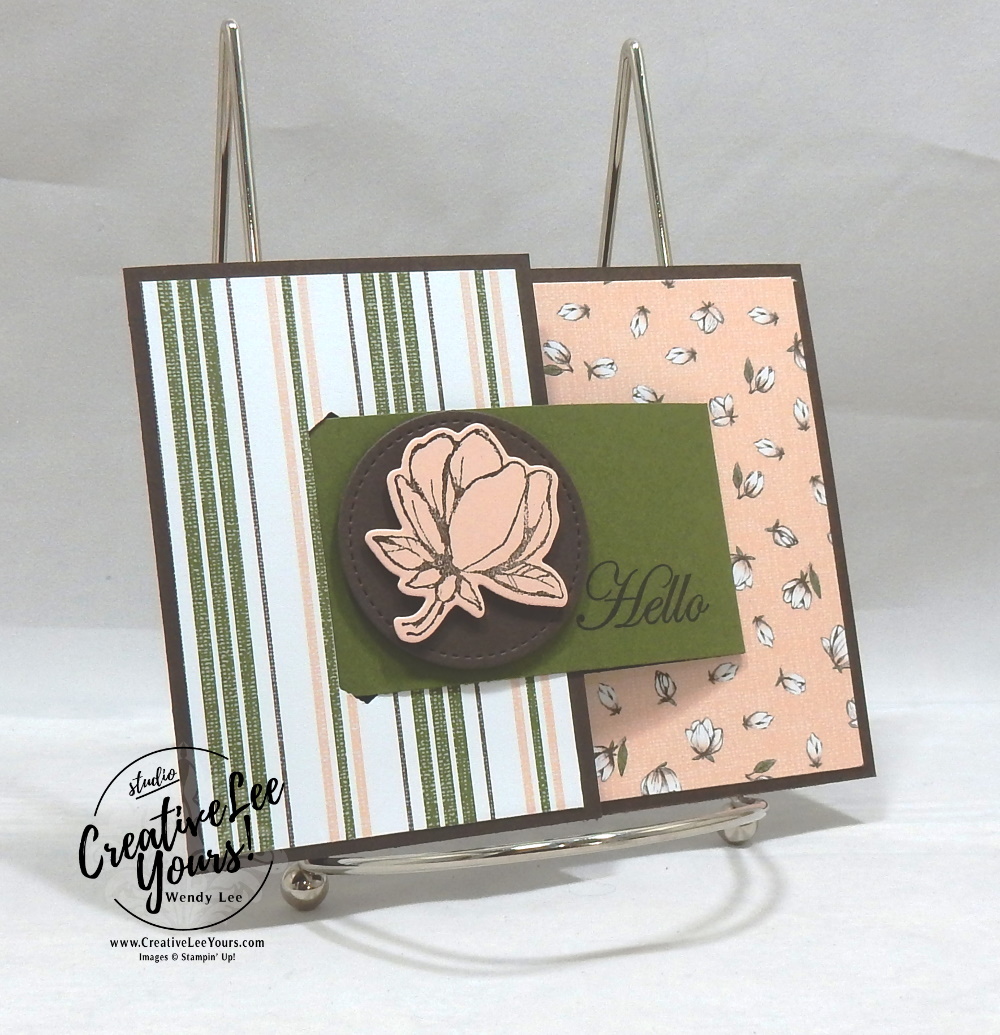 Hello Buckle by Sheila Tatum, Wendy Lee, stampin Up, SU, #creativeleeyours, hand made card, technique, creativity, accomplishment, share, joy, customize, friend, birthday, hello, thanks, celebration, stamping, creatively yours, creative-lee yours, Good Morning Magnolia stamp set, fun fold, buckle, DIY, technique, patternpaper, magnolia, flowers, Diemonds team meeting, business opportunity, home business