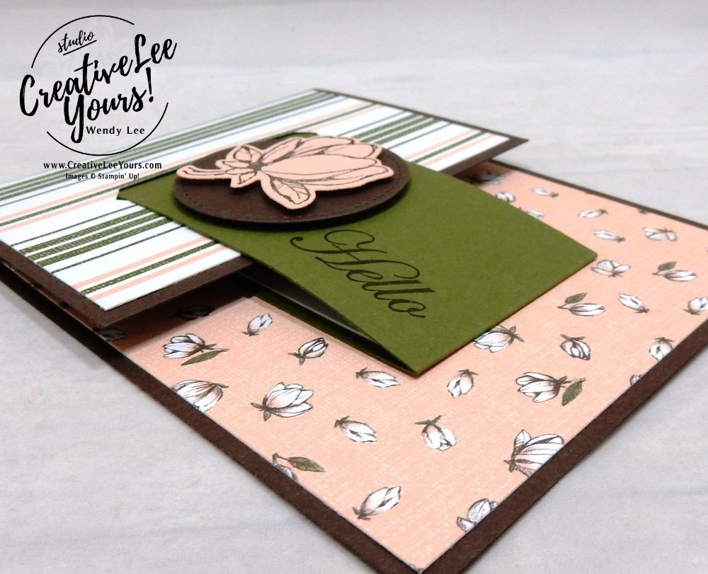 Hello Buckle by Sheila Tatum, Wendy Lee, stampin Up, SU, #creativeleeyours, hand made card, technique, creativity, accomplishment, share, joy, customize, friend, birthday, hello, thanks, celebration, stamping, creatively yours, creative-lee yours, Good Morning Magnolia stamp set, fun fold, buckle, DIY, technique, patternpaper, magnolia, flowers, Diemonds team meeting, business opportunity, home business