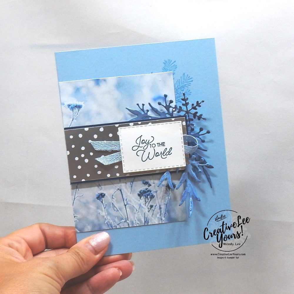 Joy To The World by Wendy Lee, Tutorial, card club, stampin Up, SU, #creativeleeyours, hand made card, technique, frost, winter, snowflake, friend, birthday, hello, thanks, celebration, stamping, creatively yours, creative-lee yours, christmas countdown stamp set, itty bitty christmas stamp set, masculine, DIY, FMN, forget me knot, class, card club,  kylie bertucci, sneak peek, holiday catalog, emboss, greek isles blog hop, business opportunity, sponging, ice glitter, frosted frames, feels like frost