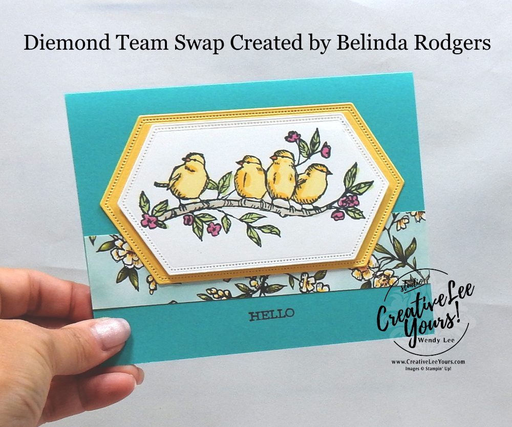 Hello by Belinda Rodgers, Wendy Lee, stampin Up, SU, #creativeleeyours, hand made card, friend, birthday, hello, stamping, creatively yours, creative-lee yours, free as a bird stamp set, nested label dies, birds, flowers, DIY, teacher, secretary, Diemonds team swap, tutorial, card club, die-cut, patternpaper, but 3 get 1 free, DSP