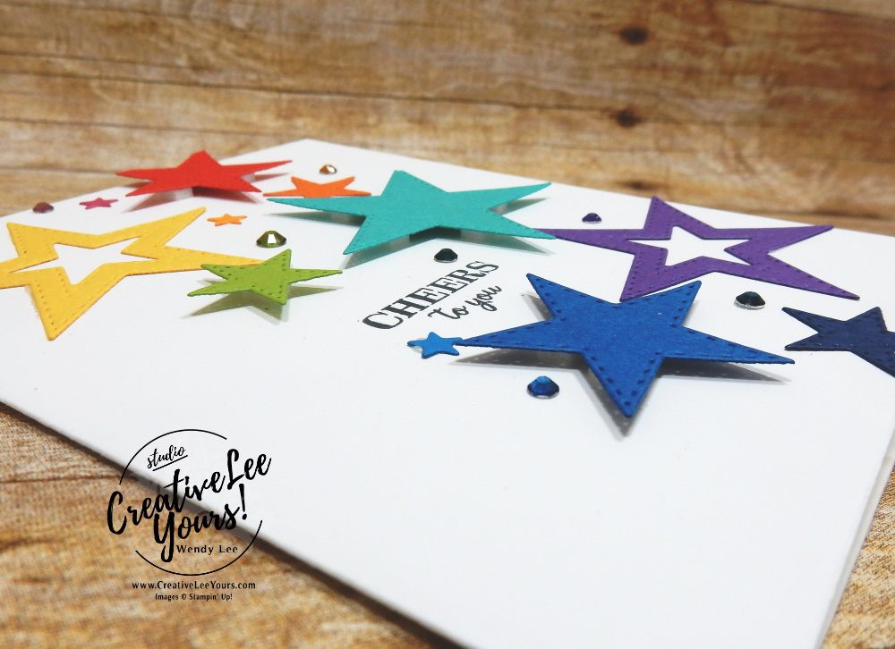 Cheers To You by Wendy Lee, Tutorial, card club, stampin Up, SU, #creativeleeyours, hand made card, technique, stars, friend, birthday, hello, thanks, celebration, stamping, creatively yours, creative-lee yours, itty bitty birthdays stamp set, stitched stars dies, masculine, DIY, FMN, forget me knot, class, card club,  kylie bertucci, demonstrator training blog hop, business opportunity, stitched stars