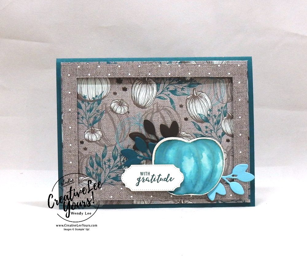 With Gratitude by Wendy Lee, Tutorial,  stampin Up, SU, #creativeleeyours, hand made card, technique, pumpkin, fall, watercolor, friend, birthday, hello, thanks, celebration, stamping, creatively yours, creative-lee yours, harvest hellos stamp set, masculine, DIY, class, holiday catalog, apple builder, stitched rectangles, stitched rectangle, ornate frmaes, dies, gratitude