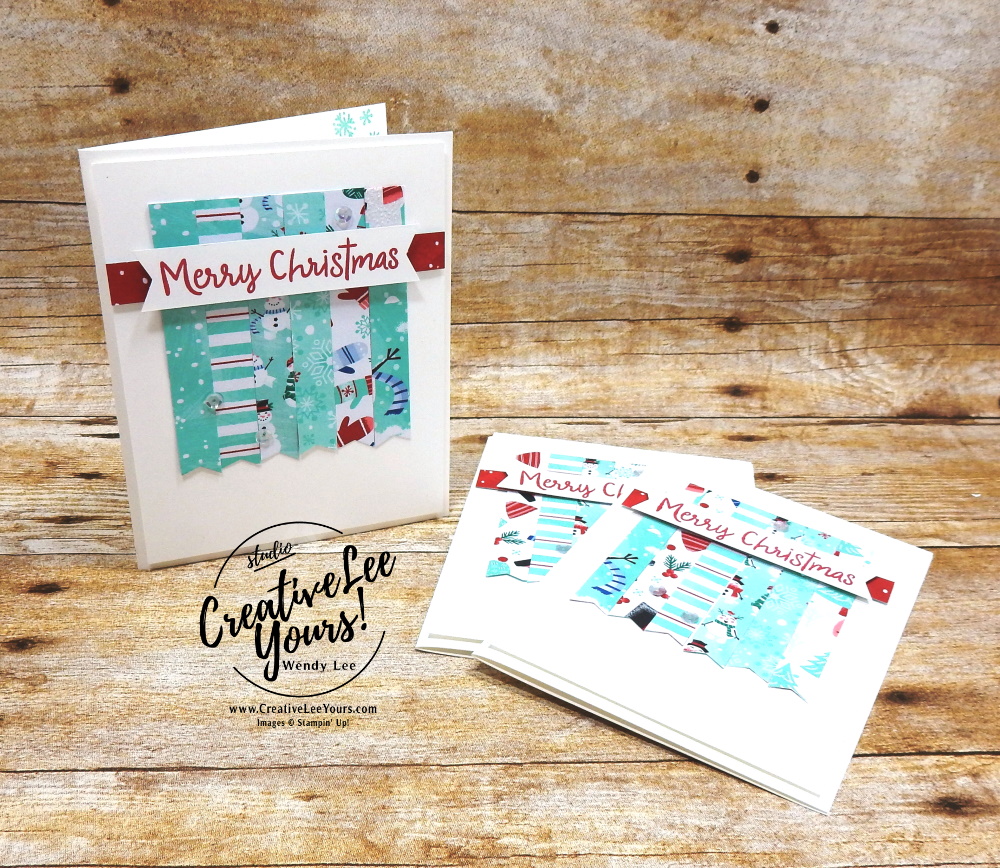 Merry Christmas With Scraps by Wendy Lee, Tutorial, catalog share, stampin Up, SU, #creativeleeyours, hand made card, snowman season stamp set, snowman, snow, winter, christmas, holiday, memories, heartwarming, friend, birthday, hello, thanks, celebration, stamping, creatively yours, creative-lee yours, DIY, BONUS card, class, card club, technique, #patternpaper, #loveitchopit, paper scraps