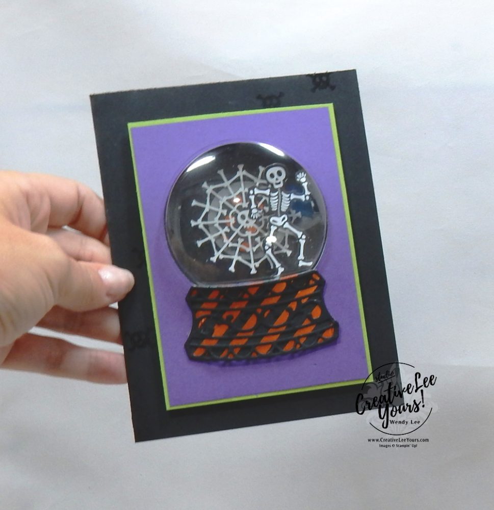 Snow Globe Skeleton, Wendy Lee, September 2019 Bone Appetit Paper Pumpkin Kit, stampin up, handmade cards, rubber stamps, stamping, kit, subscription, #creativeleeyours, creatively yours, creative-lee yours, birthday, celebration, graduation, anniversary, smile, thank you, grateful amazing, halloween, skeleton, alternate, bonus tutorial, fast & easy, DIY, #simplestamping, card kit, masculine, gift bags, treats, spider web, shaker card, snow globe