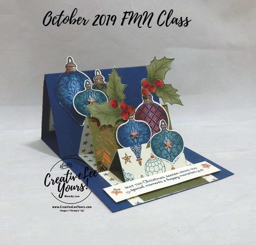 Triple Easel by Wendy Lee, Tutorial, card club, stampin Up, SU, #creativeleeyours, hand made card, technique, fun fold, christmas gleaming stamp set, embossing, gleaming ornaments punch, holiday, christmas, friend, celebration, stamping, creatively yours, creative-lee yours, DIY, FMN, forget me knot, October 2019, class, card club, colring with blends, masculine, stars, copper, shimmer, deck the halls, ornaments, holly, pattern paper