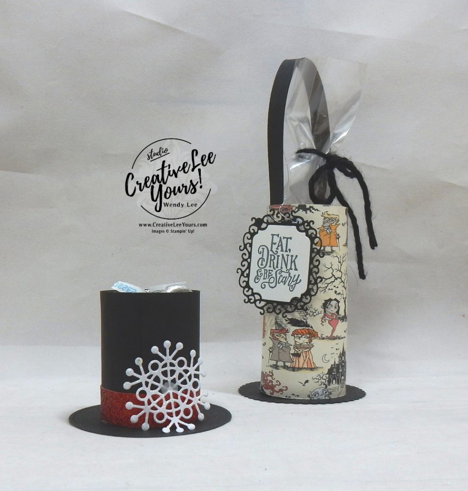 Holiday Centerpieces by Wendy Lee, stampin Up, SU, #creativeleeyours, hand made, Spooktacular bash stamp set, die-cut, ornate label dies, holiday, Christmas, friend, celebration, stamping, creatively yours, creative-lee yours, DIY, masculine, frosty, hat, snowflakes, monsters, treat holder, centerpiece, Halloween, toilet paper roll, patternpaper