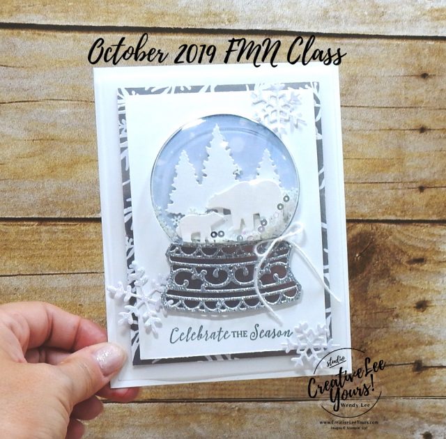 Celebrate The Season Snow Globe by Wendy Lee, Tutorial, card club, shaker card, stampin Up, SU, #creativeleeyours, hand made card, technique, itty bitty christmas stamp set, die-cut, frosted frames dies, snow globe scenes dies, holiday, Christmas, friend, celebration, stamping, creatively yours, creative-lee yours, DIY, FMN, forget me knot, October 2019, class, card club, feels like frost, masculine, shimmer