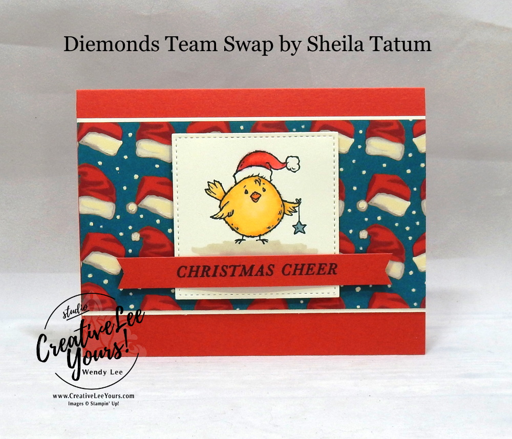 Christmas Cheer by sheila tatum, Wendy Lee, stampin Up, SU, #creativeleeyours, hand made card, friend, chrsitmas, holiday, celebration, stamping, creatively yours, creative-lee yours, birds of a feather stamp set, tidings all around stamp set, DIY, class, holiday catalog, pattern paper, diemonds team swap, business opportunity, bird, santa hat