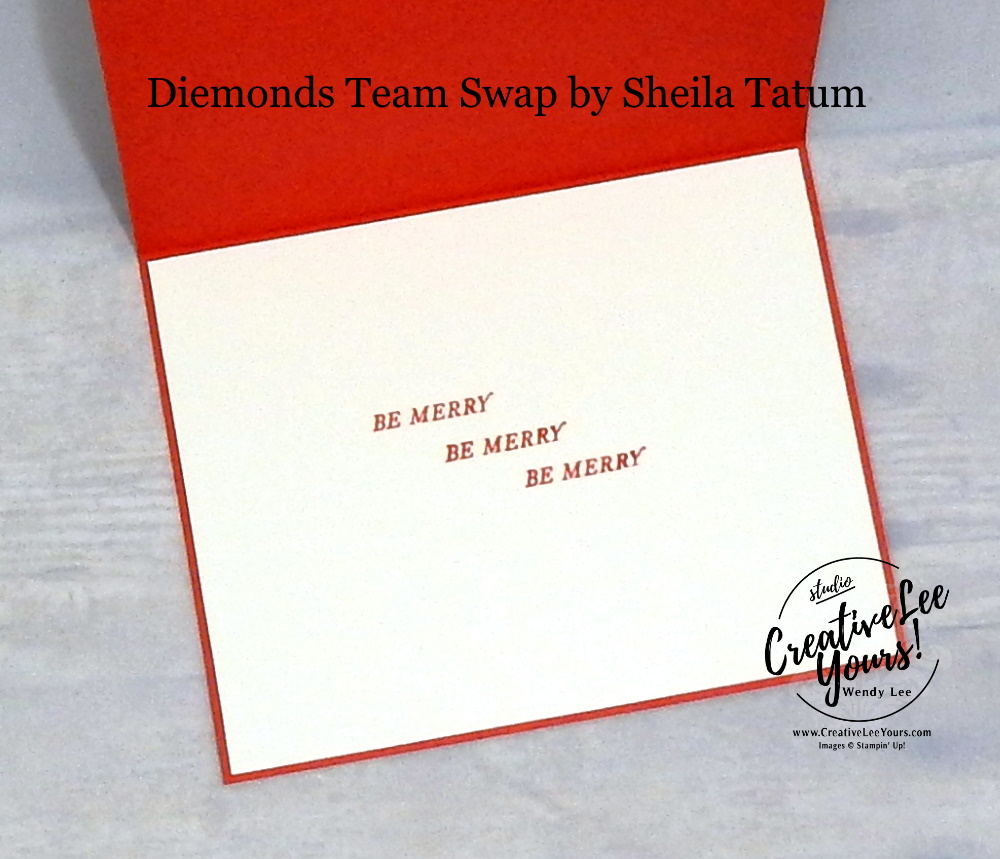 Christmas Cheer by sheila tatum, Wendy Lee, stampin Up, SU, #creativeleeyours, hand made card, friend, chrsitmas, holiday, celebration, stamping, creatively yours, creative-lee yours, birds of a feather stamp set, tidings all around stamp set, DIY, class, holiday catalog, pattern paper, diemonds team swap, business opportunity, bird, santa hat