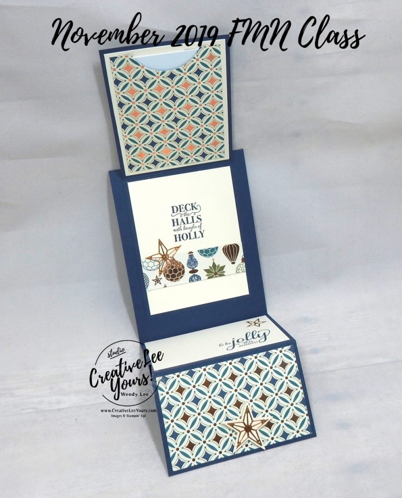 Z-Fold Gift Card Holder by Wendy Lee, Tutorial, card club, stampin Up, SU, #creativeleeyours, hand made card, technique, fun fold, christmas gleaming stamp set, embossing, stitched stars dies, holiday, Christmas, friend, celebration, stamping, creatively yours, creative-lee yours, DIY, FMN, forget me knot, November 2019, class, card club, masculine, stars, copper, shimmer, deck the halls, ornaments, pattern paper, gift card