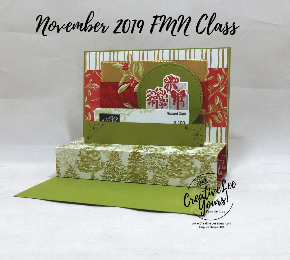 Pop-Up Gift Card Holder by Wendy Lee, Tutorial, card club, stampin Up, SU, #creativeleeyours, hand made card, technique, fun fold, most wonderful time product medley, most wonderful time stamp set, holiday, Christmas, friend, celebration, stamping, creatively yours, creative-lee yours, DIY, FMN, forget me knot, November 2019, class, card club, gold, tinsel, pattern paper, gift card, tree, deer, presents