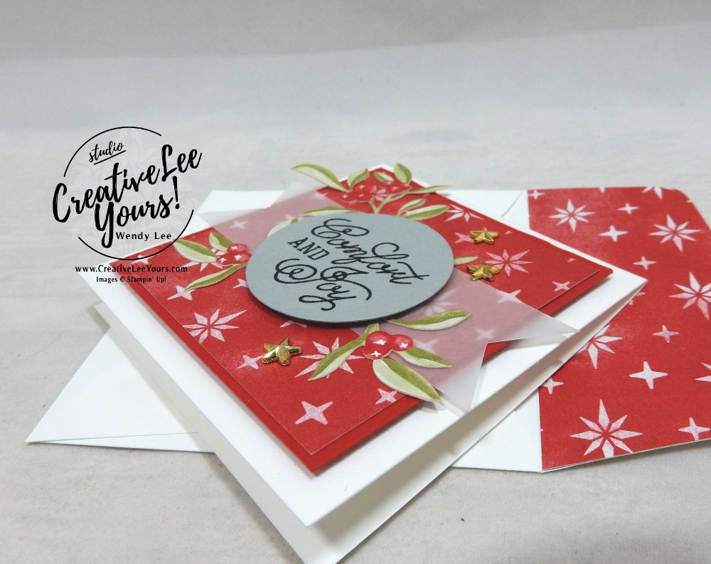 Comfort & Joy Notecard by Wendy Lee, Tutorial, Most wonderful time product medley, card club, stampin Up, SU, #creativeleeyours, hand made card, technique, most wonderful time stamp set, gold foil, presents, holly, stars, Christmas, friend, birthday, hello, thanks, celebration, stamping, creatively yours, creative-lee yours, DIY, class, Diemonds team, business opportunity, incentive trip
