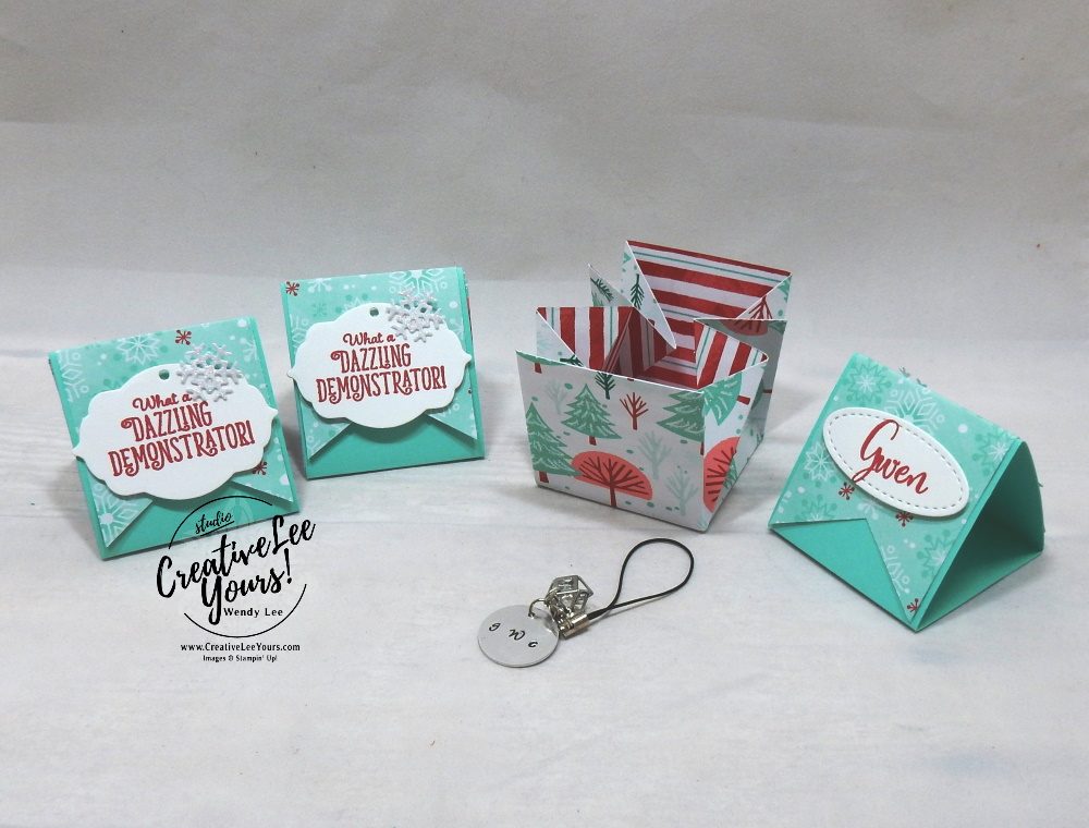 OnStage Diemonds team gifts by wendy lee, stampin up, stamping, handmade, SU, #creativeleeyours, creatively yours, creative-lee yours, SU cards, treat holder ,SU events, business opportunity, #makemoneyathome, scissor charms, tutorial, triangle treat box, Make a difference stamp set, stamping your way to the top stamp set