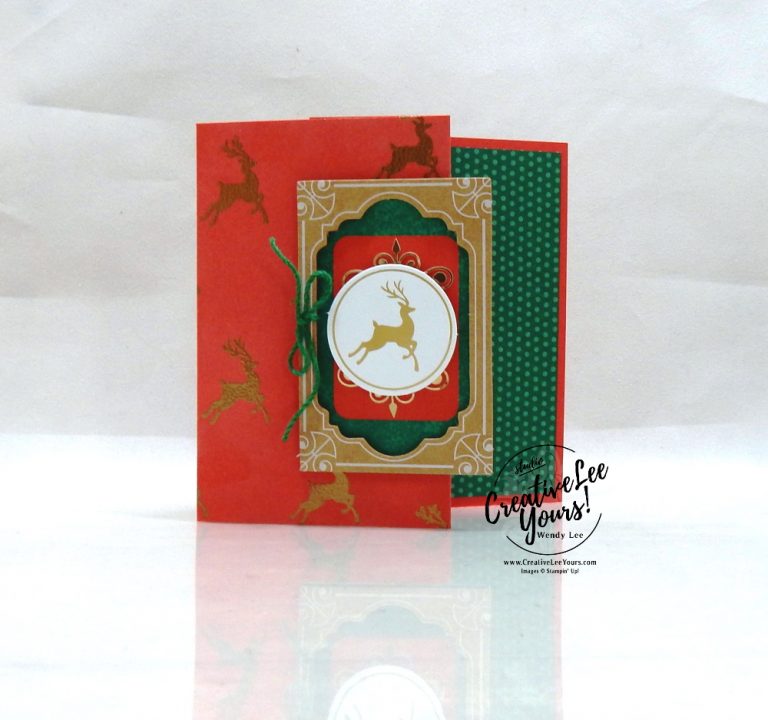 Dashing Deer by Wendy Lee, Tutorial, Joy of Giving tag kit, stampin Up, SU, #creativeleeyours, hand made, technique, joy of giving stamp set, gold foil, Christmas, friend, celebration, stamping, creatively yours, creative-lee yours, DIY, class, kit, #simplestamping, alternate, gift card holders, embossing, deer, holly, FREE gift, masculine,#patternpaper