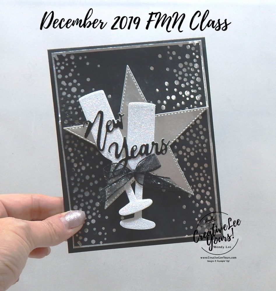 New Years Swing reveal by Wendy Lee, Tutorial, card club, stampin Up, SU, #creativeleeyours, hand made card, technique, Sip Sip Hooray stamp set, Cheers to that stamp set, friend, celebration, stamping, creatively yours, creative-lee yours, DIY, FMN, forget me knot, December 2019, class, card club, glasses, swing reveal, fun fold, new years, stitched stars dies, sip & celebrate dies, word wishes dies