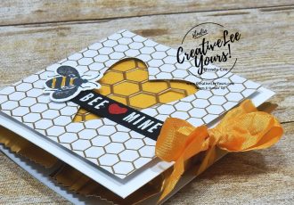Be Mine Treat Holder by Wendy Lee, stampin Up, SU, #creativeleeyours, handmade card, fun fold, Honey Bee stamp set, Make a difference stamp set, #patternpaper, friend, celebration, stamping, creatively yours, creative-lee yours, DIY, birthday, valentine, treat holder, 3D, bee, honeycomb, heart, Godiva, masculine