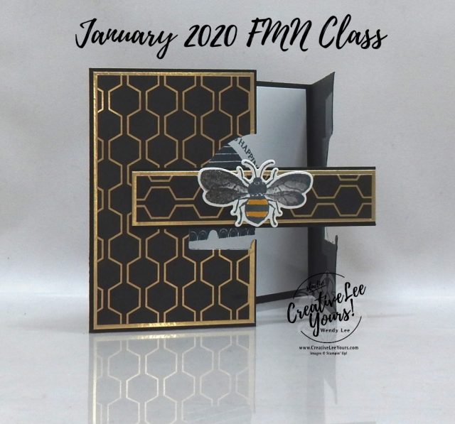 Gate Fold by Wendy Lee, stampin Up, SU, #creativeleeyours, handmade card, fun fold, Honey Bee stamp set, #patternpaper, friend, celebration, stamping, creatively yours, creative-lee yours, DIY, birthday, bee, honeycomb, masculine, FMN, Forget me not, card class, card club, tutorial, fun fold