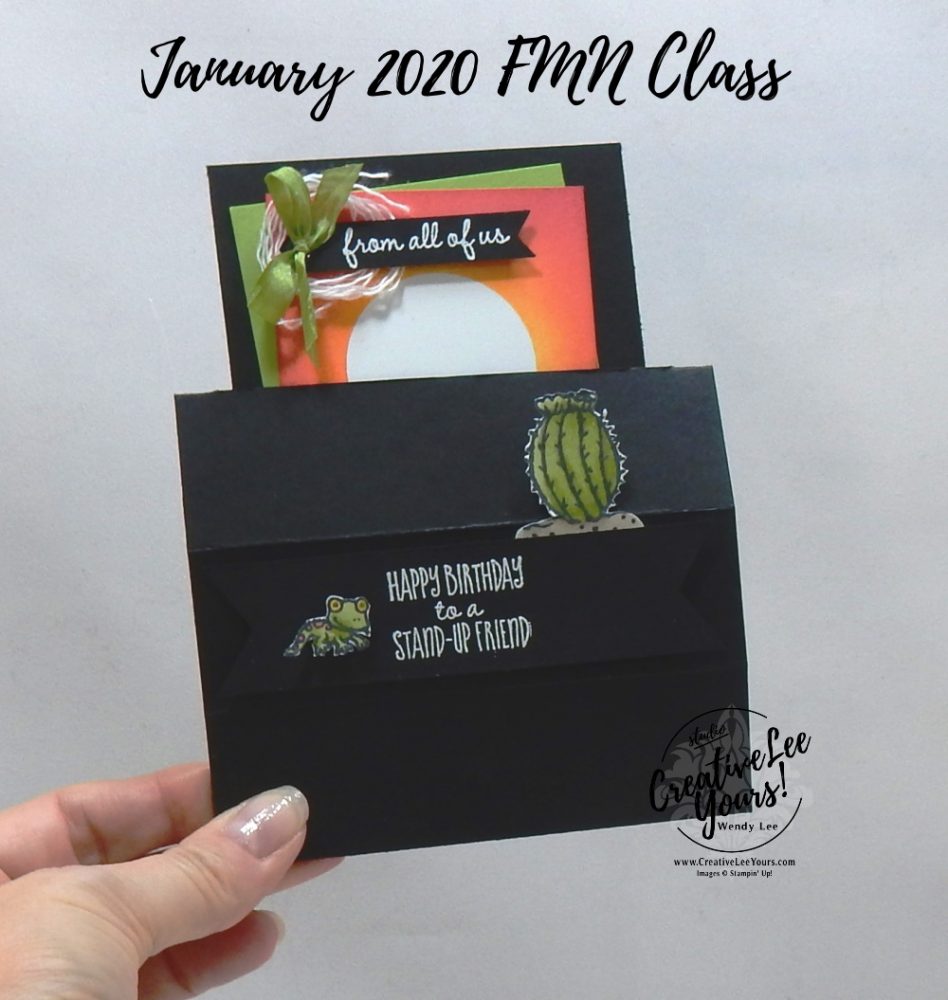 Standing pop-up by Wendy Lee, stampin Up, SU, #creativeleeyours, handmade card, fun fold, the gangs all meer stamp set, burnishing, friend, celebration, stamping, thank you, creatively yours, creative-lee yours, DIY, birthday, animals, meercat, cactus, lizard, card class, tutorial, FMN, forget me not, card class, tutorial, technique, paper crafts