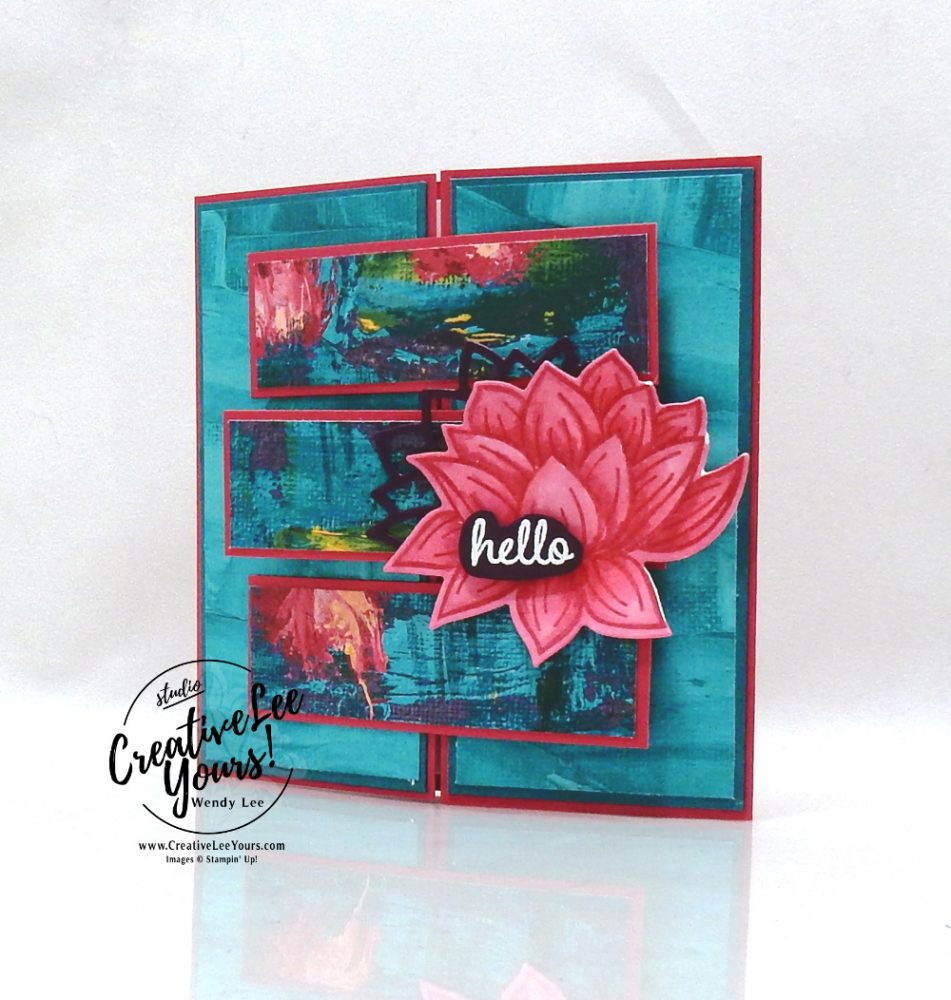 Hello Crossover Gate Fold by Wendy Lee, stampin Up, SU, #creativeleeyours, handmade card, lovely lily pad stamp set, Timeless Tulips stamp set, friend, celebration, stamping, thank you, creatively yours, creative-lee yours, DIY, birthday, emboss, flowers, lily pad, SAB, paper crafts, Sale-a-bration, lily pad dies, heat emboss, fun fold, tutorial