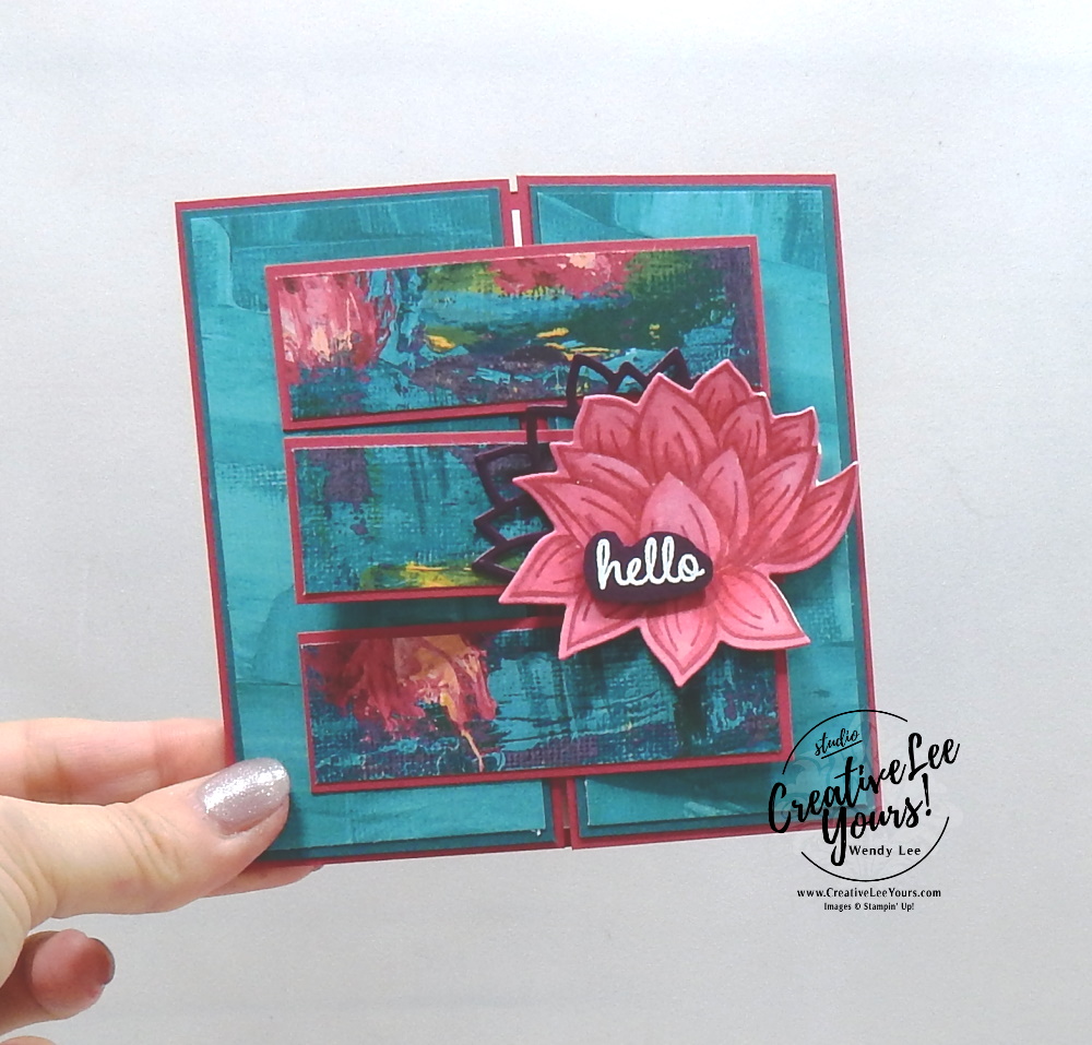 Hello Crossover Gate Fold by Wendy Lee, stampin Up, SU, #creativeleeyours, handmade card, lovely lily pad stamp set, Timeless Tulips stamp set, friend, celebration, stamping, thank you, creatively yours, creative-lee yours, DIY, birthday, emboss, flowers, lily pad, SAB, paper crafts, Sale-a-bration, lily pad dies, heat emboss, fun fold, tutorial