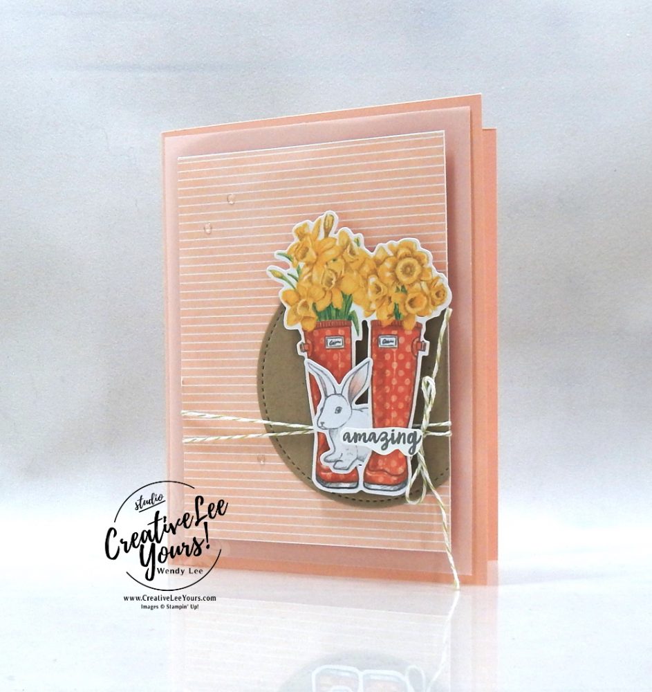 Wendy Lee, March 2020 Paper Pumpkin Kit, No matter the weather, stampin up, handmade cards, rubber stamps, stamping, kit, subscription, #creativeleeyours, creatively yours, creative-lee yours, celebration, smile, thank you, birthday, congrats, amazing, love, alternate, bonus tutorial, fast & easy, DIY, #simplestamping, card kit, flowers, bunny, rain boots, flowers, clouds, rain drops, #kit, #craftkit, #craftkits, #paperpumpkinalternates , #paperpumpkinalternative ,#paperpumpkinalternatives