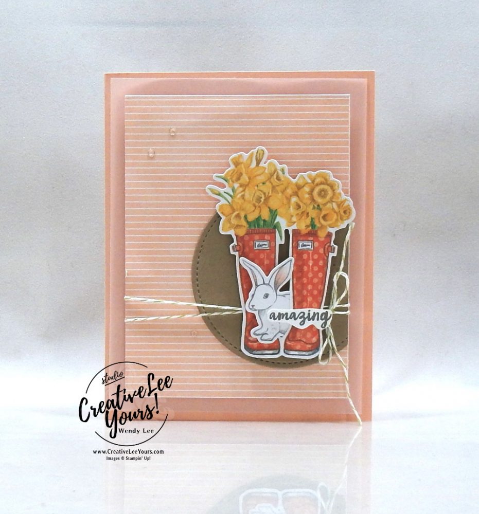 Wendy Lee, March 2020 Paper Pumpkin Kit, No matter the weather, stampin up, handmade cards, rubber stamps, stamping, kit, subscription, #creativeleeyours, creatively yours, creative-lee yours, celebration, smile, thank you, birthday, congrats, amazing, love, alternate, bonus tutorial, fast & easy, DIY, #simplestamping, card kit, flowers, bunny, rain boots, flowers, clouds, rain drops, #kit, #craftkit, #craftkits, #paperpumpkinalternates , #paperpumpkinalternative ,#paperpumpkinalternatives
