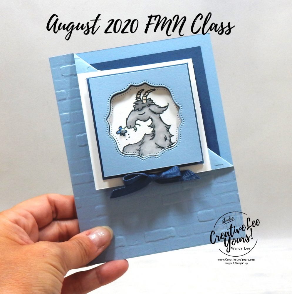 Corner Fold Corner Bookmark by wendy lee, stampin up, stamping, SU, #creativeleeyours, creatively yours, creative-lee yours, #cardmaking #handmadecard #rubberstamps #stamping, friend, celebration, congratulations, thank you, hello, birthday, stamping, DIY, paper crafts, #papercrafting , #papercraftingsupplies, #papercraftingisfun , tutorial, fun fold, corner fun fold, conrner bookmark, FMN, forget me not, card club, class, way to goat stamp set, #makeacardsendacard ,#makeacardchangealife, ,#tutorial ,#tutorials, farm animals. goats